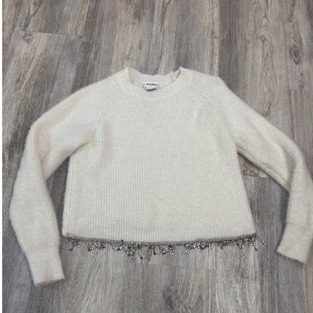 Arula Womens Ivory Fuzzy Ribbed Knit Sweater Rhinestone Fringe Size‎ XL (A)